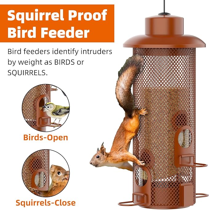 Metal Squirrel Proof Bird Feeder,Bird Feeders for Outdoors,Weight Activated Squirrel Proof Wild Bird Feeders with Finch Cardinal Chickadee,Large Capacity,Weatherproof and Durable,Reddish Brown-VerdiqueGarden