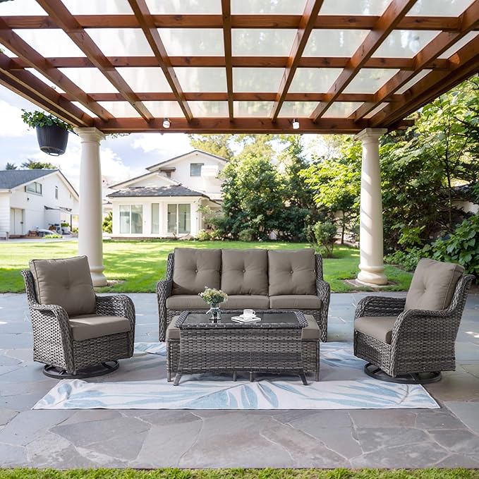 Wicker Outdoor Furniture Patio Furniture Set - 6 Piece Patio Conversation Set with Swivel Rocker Chairs, Rattan Sofa, Ottomans and Coffee Table, Gray Cushion-VerdiqueGarden