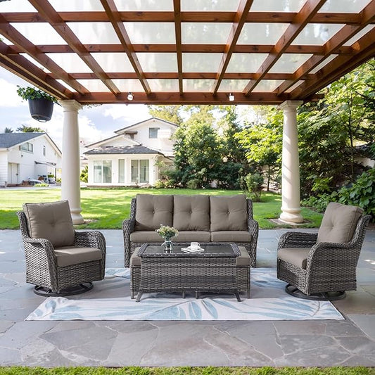 Wicker Outdoor Furniture Patio Furniture Set - 6 Piece Patio Conversation Set with Swivel Rocker Chairs, Rattan Sofa, Ottomans and Coffee Table, Gray Cushion-VerdiqueGarden