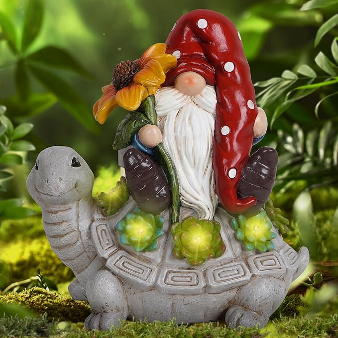 Hodao Patio Garden Theme Solar Gnome & Turtle Sculpture Statue - Lawn, Deck, Balcony, Patio Spring/Summer Decorations - Creative Housewarming Gifts-VerdiqueGarden