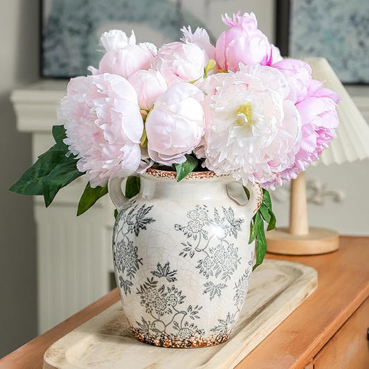 Enra Vintage vase with Handle,Blue and White Ceramic Decorative Flower vase, Chinoiserie Floral Vase,Large Rustic Vases for Home Decors, Living Room, Bookshelf, Office,7.8 in-VerdiqueGarden