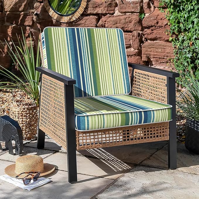 LVTXIII Patio Chair Cushions 22"x22"x3", Water-Repellent Outdoor Seat Cushions for Patio Furniture, Square Chair Pads with Ties for Home Garden Decoration, Set of 2, Stripe Blue Green-VerdiqueGarden