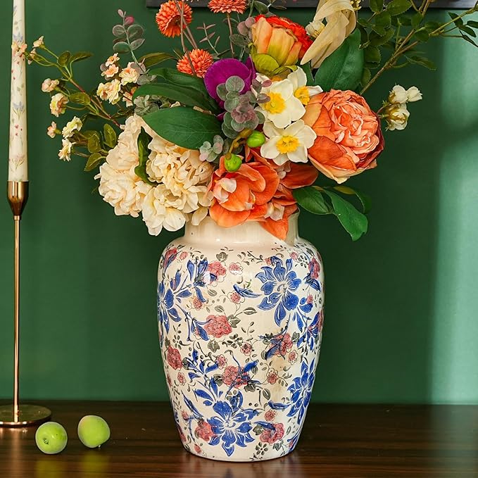 Sungmor Ceramic Flower Vase, Vintage Ice Cracked Glaze Porcelain Vase, Pretty Home Decor Vase for Flower Arrangement, Fresh Flowers, 10.2 Inch Tall Chinoiserie Pottery Vase, Blue Floral Pattern-VerdiqueGarden