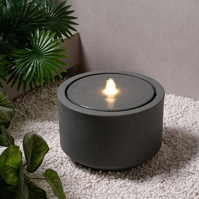 10.23” H Outdoor Water Fountain Made with Eco-Friendly Recyclable Materials, Polyethylene Round Bubbler Outdoor Fountain, Garden Decor with LED Light for Patio, Porch, Backyard-VerdiqueGarden