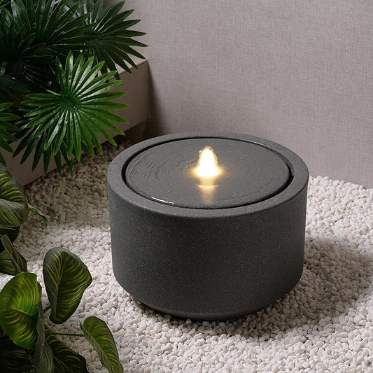 10.23” H Outdoor Water Fountain Made with Eco-Friendly Recyclable Materials, Polyethylene Round Bubbler Outdoor Fountain, Garden Decor with LED Light for Patio, Porch, Backyard-VerdiqueGarden