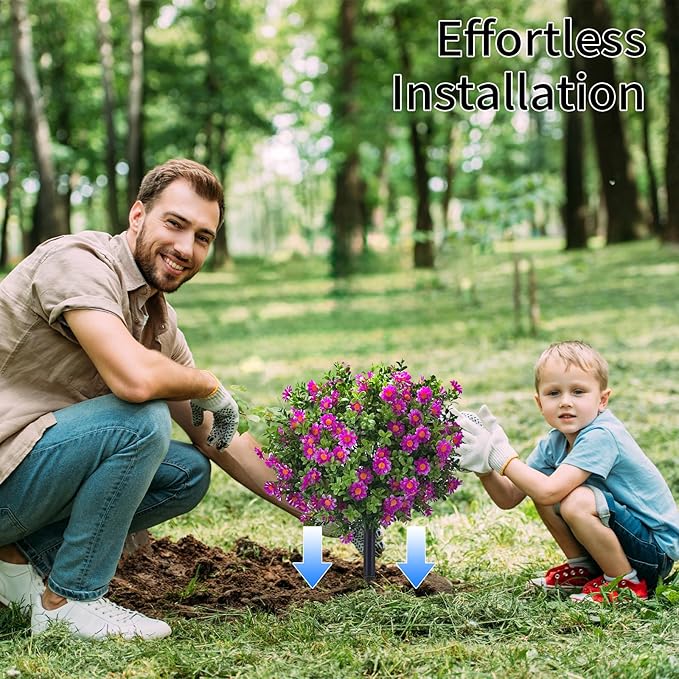 23.6" Artificial Boxwood Topiary Ball Trees with Purple Flowers, Set of 2 UV Resistant No Fade Outdoor Faux Plants with Ground Spike, Fake Shrubs for Garden, Patio, Porch, Yard, Indoor Decor-VerdiqueGarden