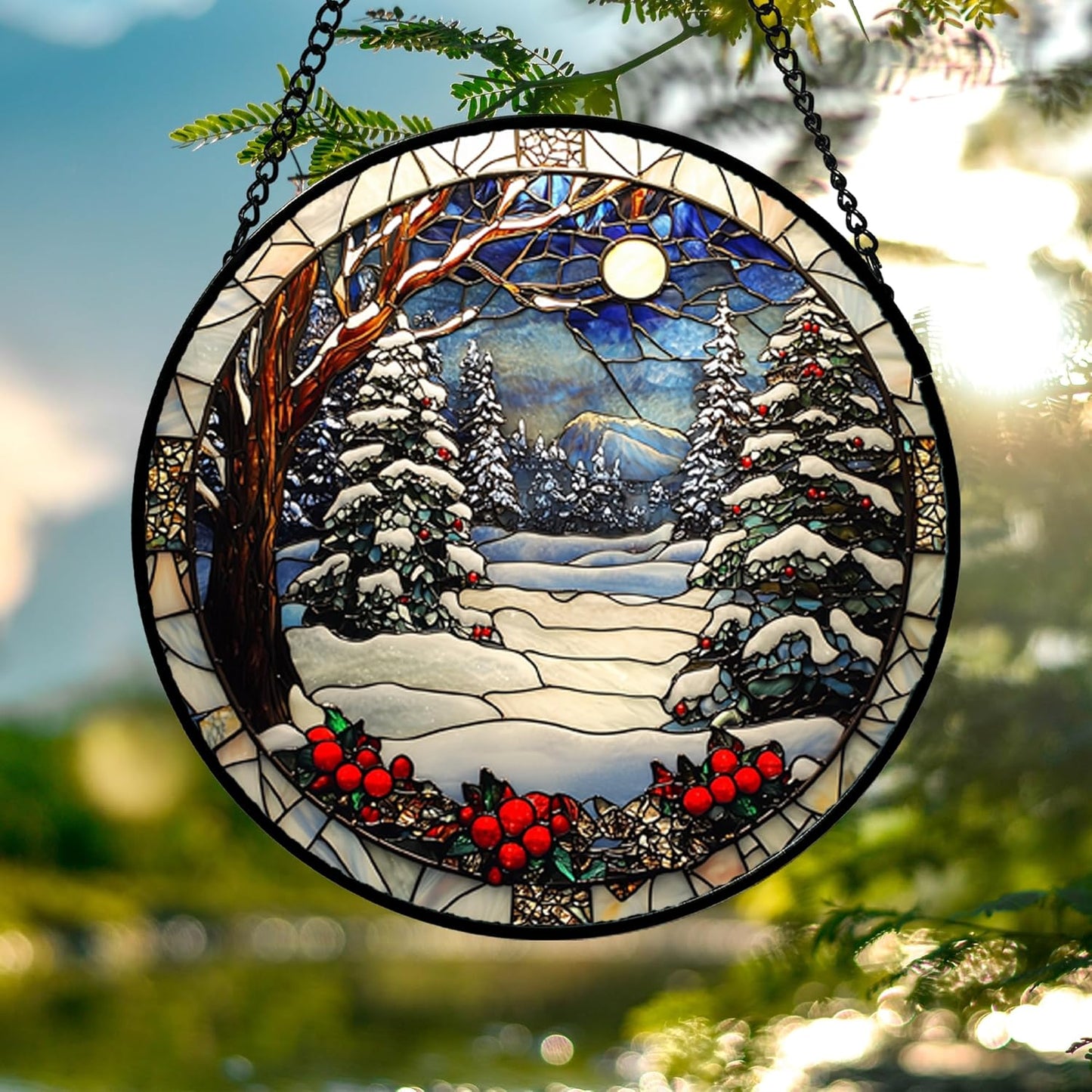 Stained Glass Window Hanging Christmas Tree Winter Snow Night Scenery Large 14.9" - Suncatcher Door Garden Kitchen Sun Catcher Home Decor Birthday for Mom Men Woman Friend-VerdiqueGarden