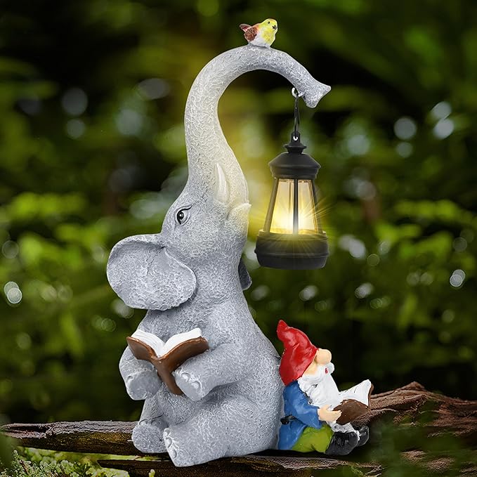 Solar Outdoor Garden Statues Lights, Elephant Figurines with Cute Gnome Garden Sculpture Decor, Luck Elephant Gifts for Woman Mother or Daughter, Unique Housewarming Gifts and Yard Decor-VerdiqueGarden