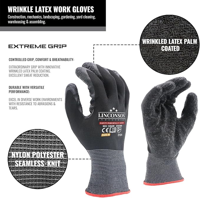 linconson 12 Pack Safety Performance Series Construction Mechanics Wrinkle Latex Work Gloves-VerdiqueGarden
