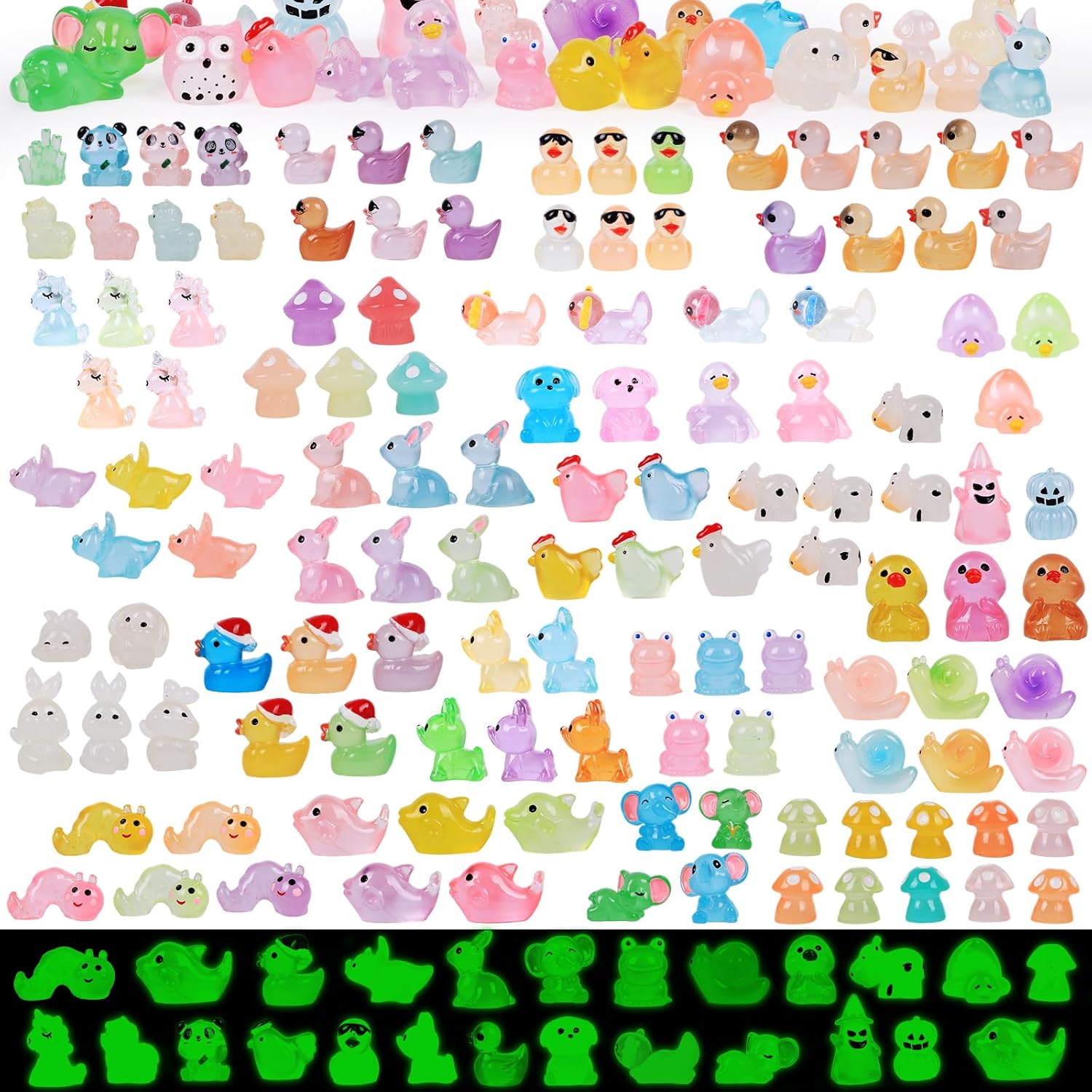 150 PCS Luminous Mini Resin Animals, Glow in The Dark Fairy Garden Decor, Mini Ducks Frogs Turtles Figurines for Aquarium, Terrarium, Slime Charms & Potted Plant Landscape Decoration-VerdiqueGarden