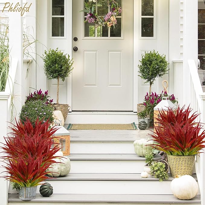 6Pcs Artificial Grass Fake Plants 17.3in Outdoor Plants UV Resistant Greenery Stems Fake Grass for Home Window Garden Office Patio Pathway Front Porch Christmas Décor Light Green & Red-VerdiqueGarden