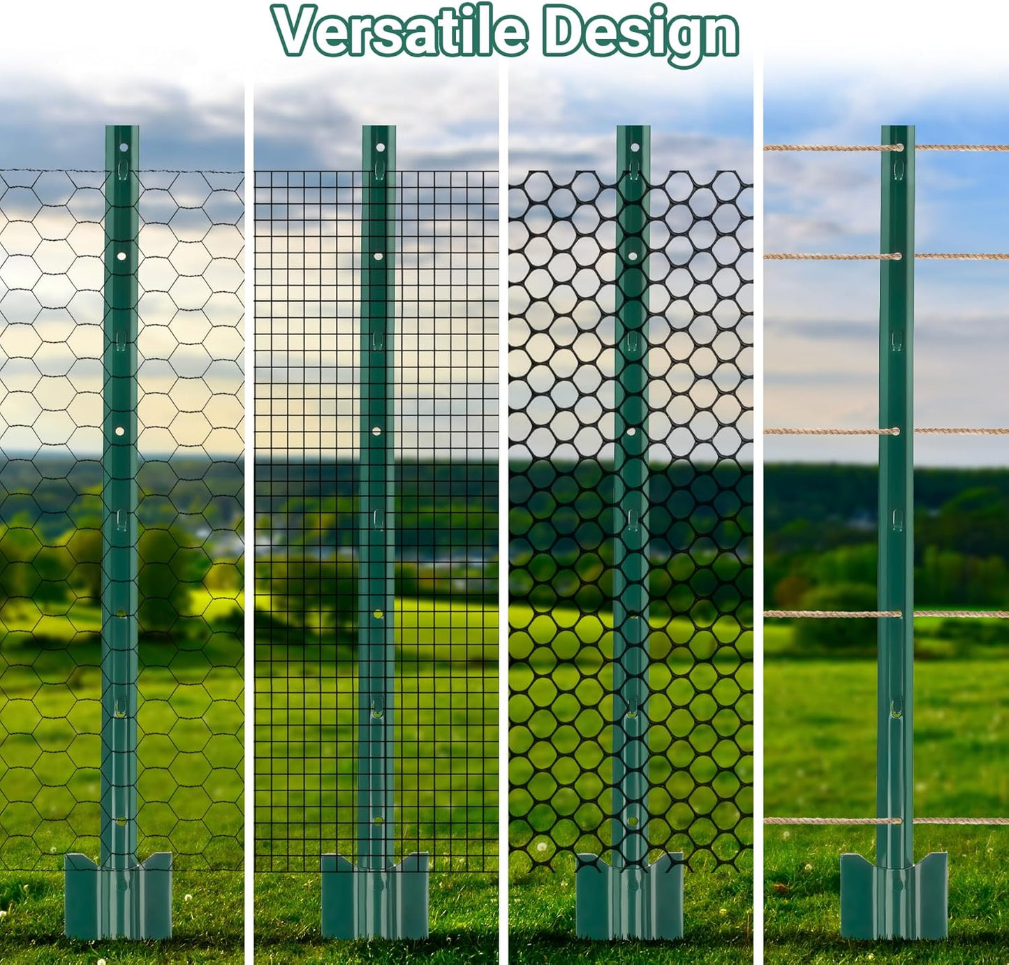 Fence Post 3 FT - 10 Packs, Metal Heavy Duty U Posts, Powder-Coated for Long-Lasting Use, Perfect for Holding Wire &Plastic Mesh, Corner Anchors, Green-VerdiqueGarden