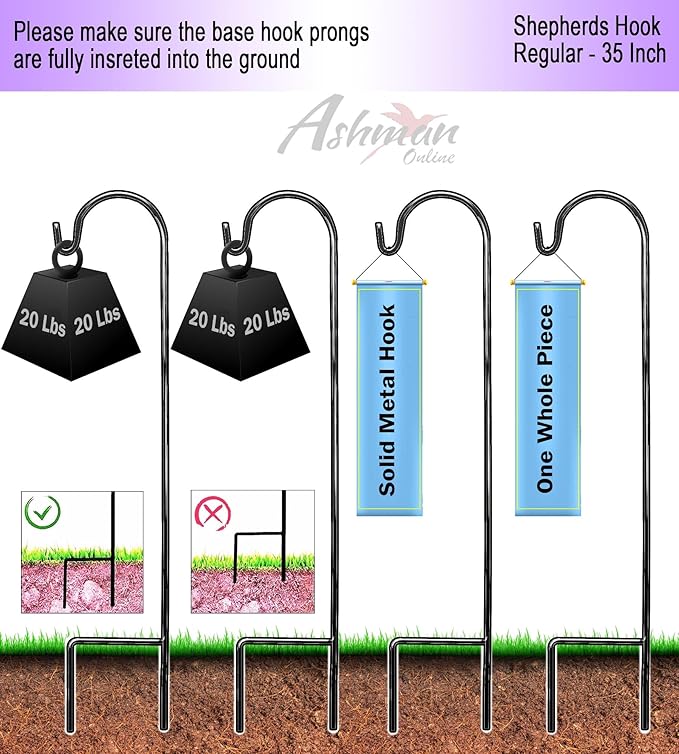 Ashman Shepherd's Hooks 35 Inch (40 Per Pack), Black, Made of Premium Metal for Hanging Solar Lights, Bird Feeders, Mason Jars, Christmas Lights, Lanterns, Garden Stakes and Wedding Décor.-VerdiqueGarden