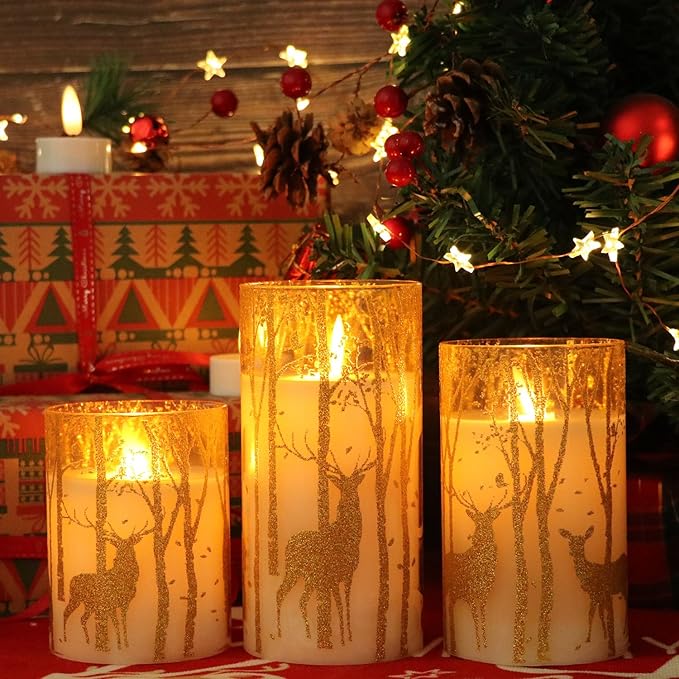 Christmas Deer Flameless Candles with Remote Timer, Glass Battery Operated Pillar Candles with Gold Elk Decor, LED Flickering Candles with 3D Wick and Real Wax for Winter Christmas Home Decor-VerdiqueGarden