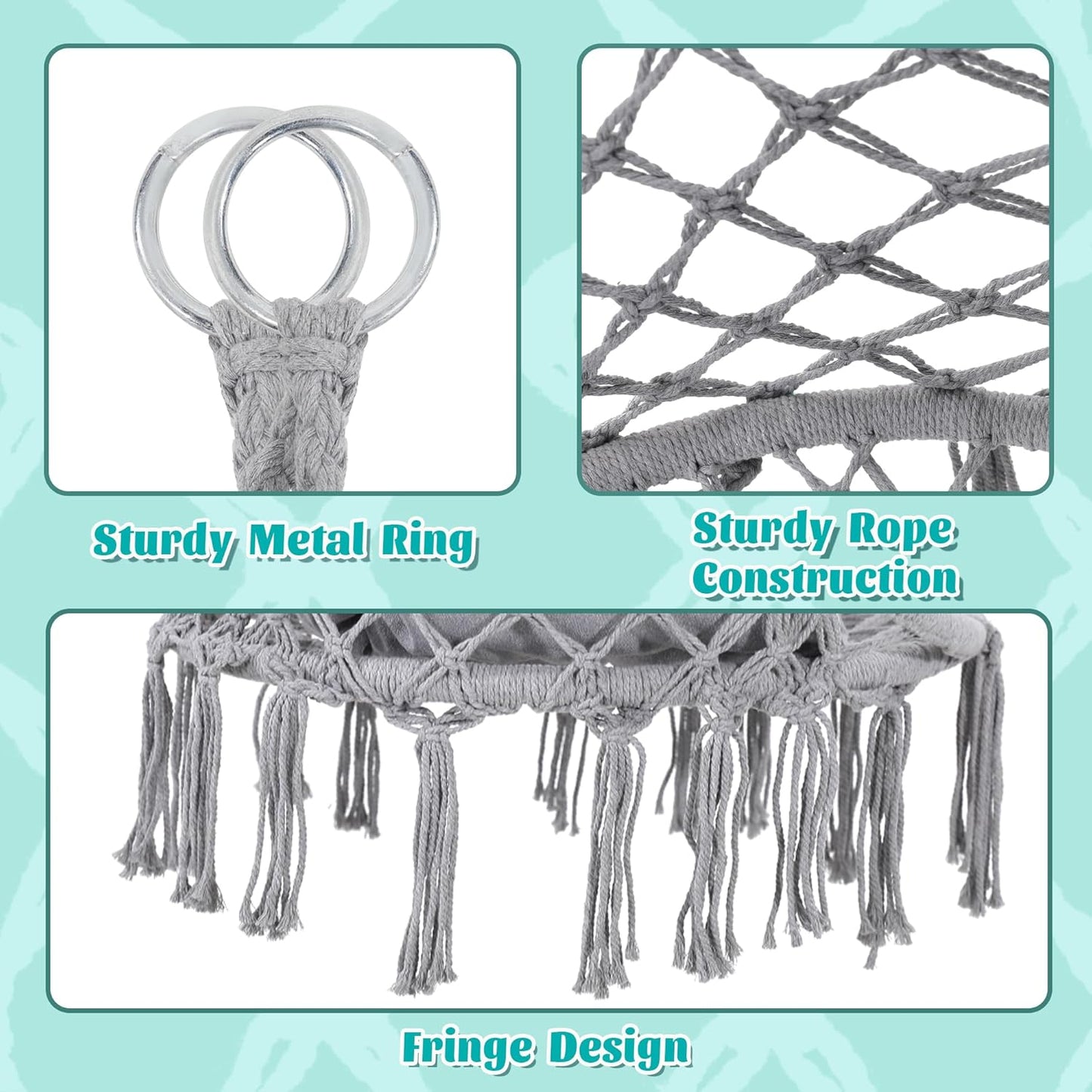 Macrame Hammock Hanging Swinging Chair with Medium Cushion, Perfect for Bedroom, Porch, Adults, Balcony, Grey-VerdiqueGarden