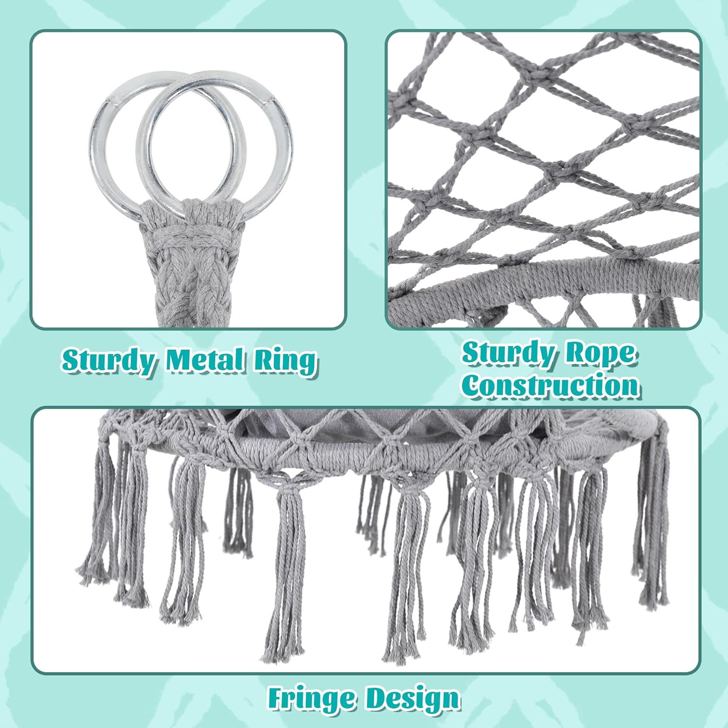 Macrame Hammock Hanging Swinging Chair with Medium Cushion, Perfect for Bedroom, Porch, Adults, Balcony, Grey-VerdiqueGarden