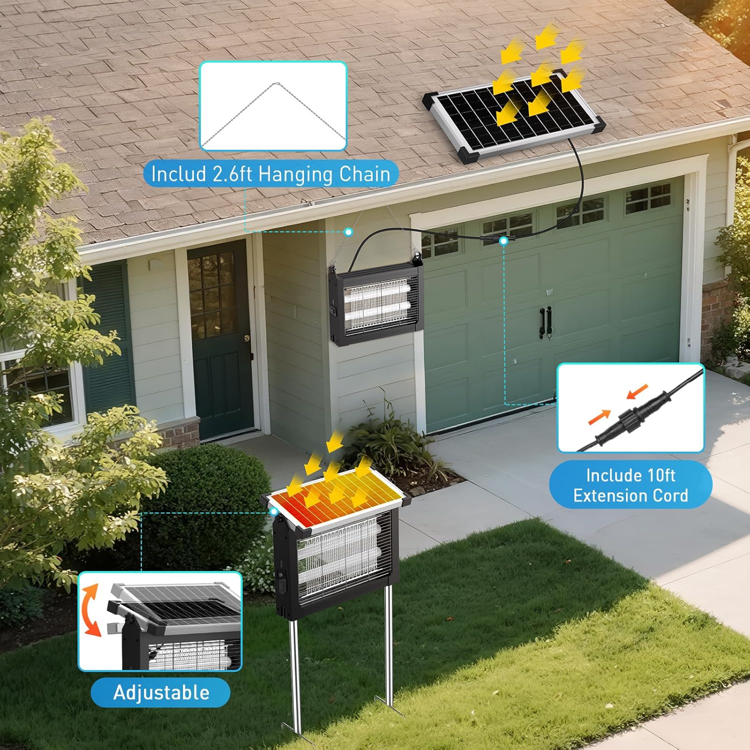 Solar Bug Zapper, 4500V IP66 Waterproof Outdoor Portable Rechargeable Electric Mosquito Killer for Camping, Patio, Garden Mosquito Zapper for Outdoor Use-VerdiqueGarden