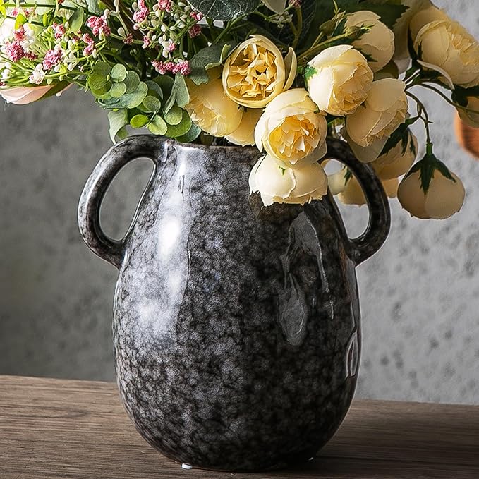 Ceramic Modern Farmhouse Vase with 2 Handles, Black Ceramic Vases for Home Decor, Rustic Pottery Vase, Decorative Terracotta Flower Vase, Boho Clay Vase for Table Living Room Shelf Mantel Decor-VerdiqueGarden