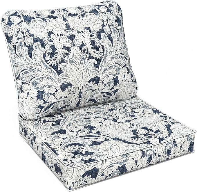 LVTXIII Outdoor/Indoor Deep Seat Cushion Patio Seat and Back Cushion Set All-Weather Replacement Chair Cushion for,Wicker Chairs and Garden Furniture Decoration, 24"x24"x4", Damask Lapis-VerdiqueGarden