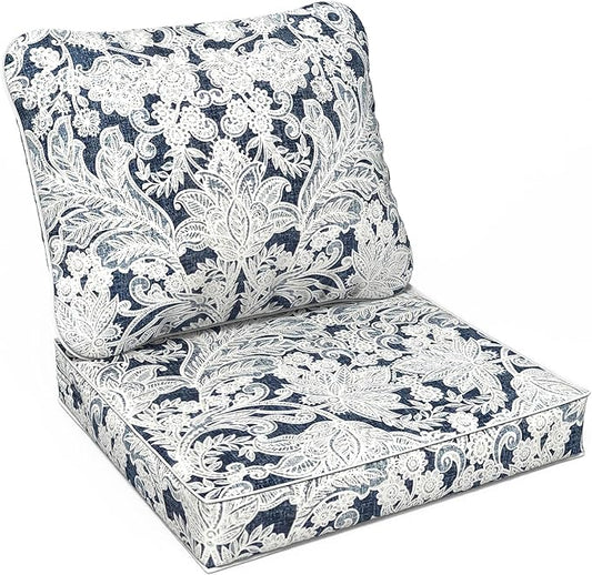LVTXIII Outdoor/Indoor Deep Seat Cushion Patio Seat and Back Cushion Set All-Weather Replacement Chair Cushion for,Wicker Chairs and Garden Furniture Decoration, 24"x24"x4", Damask Lapis-VerdiqueGarden