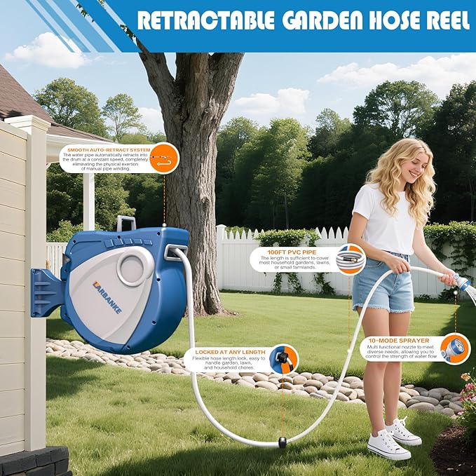 1/2 in × 100 ft Garden Hose Reel,Wall-Mounted Hose Reel with Bottom Drain,180° Rotating Bracket,with 10-Function Sprayer Nozzle,Lockable at Any Length,Equipped with Waterproof Bag(Blue)-VerdiqueGarden