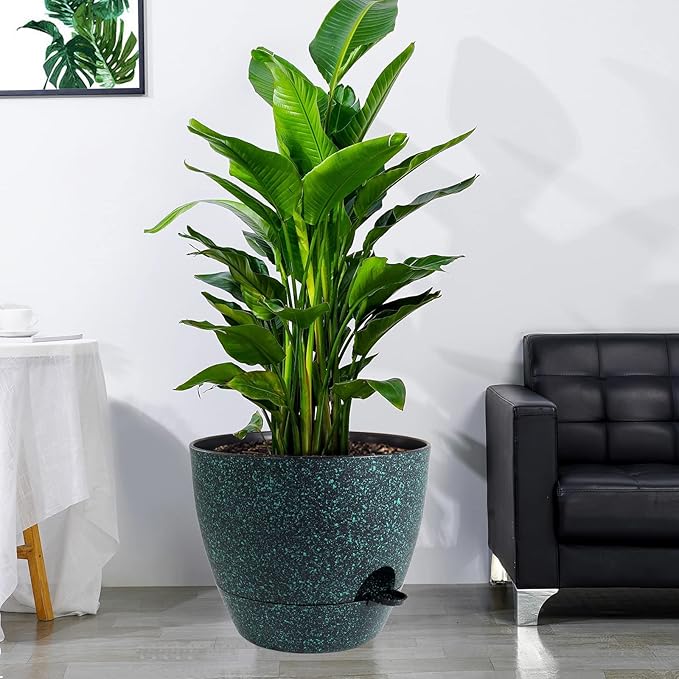 12 inch Large Self Watering Pots, Plastic Planters with 60oZ Removable Deep Reservoir and Multi Mesh Drainage Holes for Indoor Outdoor Garden Plants and Flowers, Black with Green Speckles-VerdiqueGarden