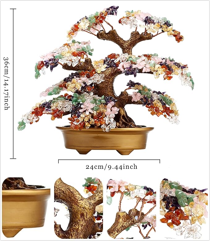 Feng Shui Money Tree Large Pine Tree Style Crystal Quartz Lucky Tree Gem Tree for Office Home Feng Shui Decoration for Wealth/Fortune and Luck (Pink)-VerdiqueGarden