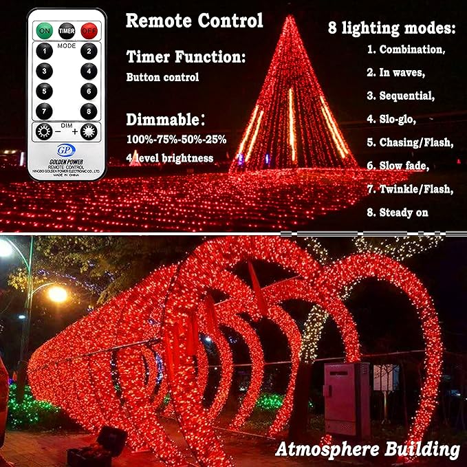 KNONEW 403ft 1000 LED String Lights Outdoor Christmas Lights 8 Modes & Timer Fairy Light Plug in Waterproof LED String Lights for Xmas Yard Tree Wedding Party Holiday Decorations (Red)-VerdiqueGarden