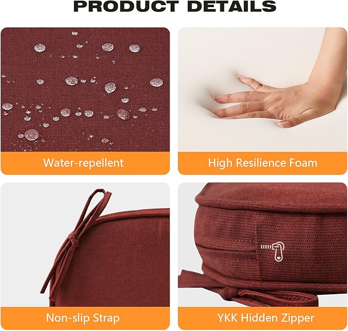 Sunbrella Round Corner Seat Cushions, 17" x 16" x 2", Set of 4, Indoor Outdoor Water Repellent Universal Chair Pads with Ties for Patio Furniture, Garden Dining Chairs, Spectrum Brick-VerdiqueGarden