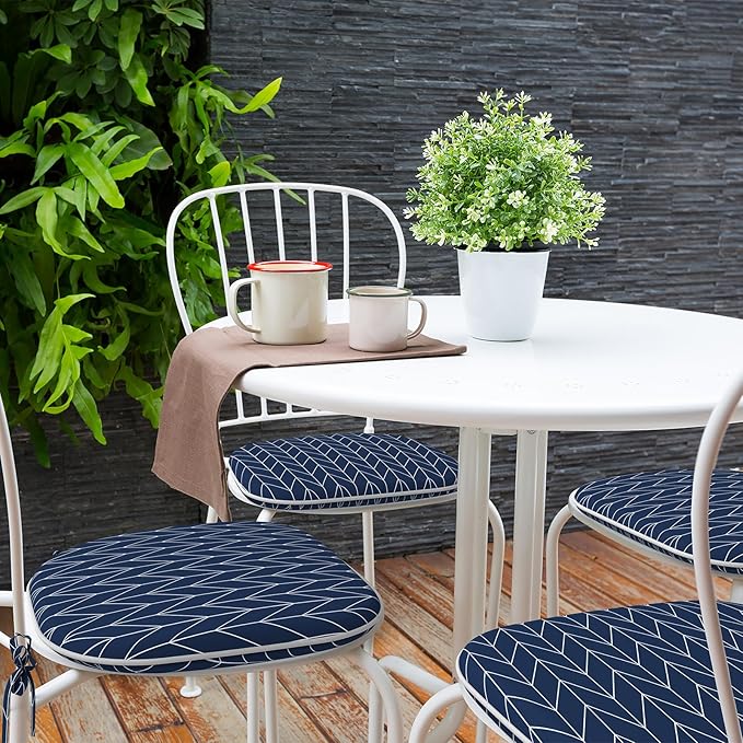 Indoor/Outdoor Chair Cushions 16x17 Inch, Patio Chair Cushions with Ties, All Weather Seat Cushions for Patio Furniture Home Garden Chair Use, Set of 4, Herringbone Navy-VerdiqueGarden