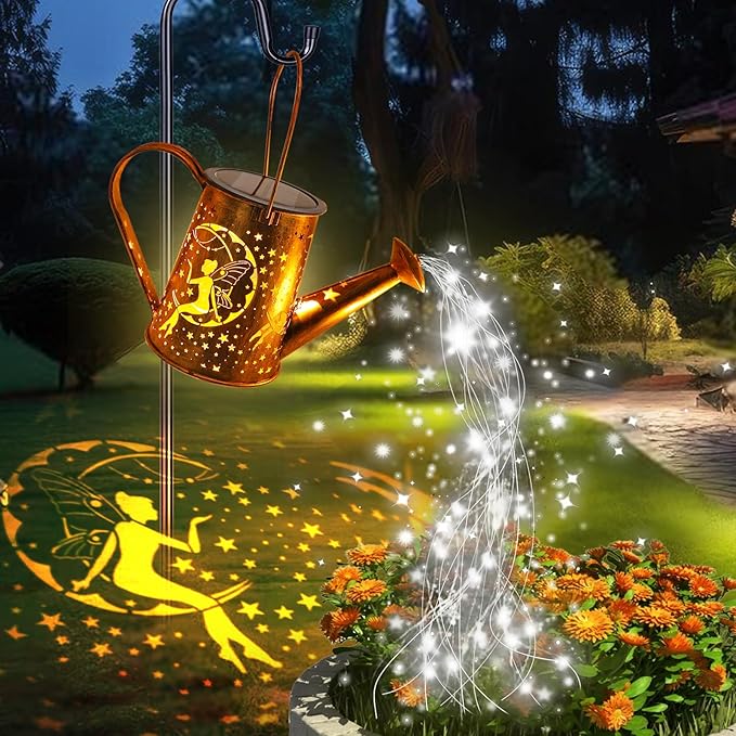 Big Solar Powered Watering Can Lantern & Moon Fairy Garden Decor Set Outdoor Waterproof Hanging Path Lights with Shepherd Hooks, Perfect Patio Decor Gardening Gift for Women, Mom, Grandma (Cool White)-VerdiqueGarden