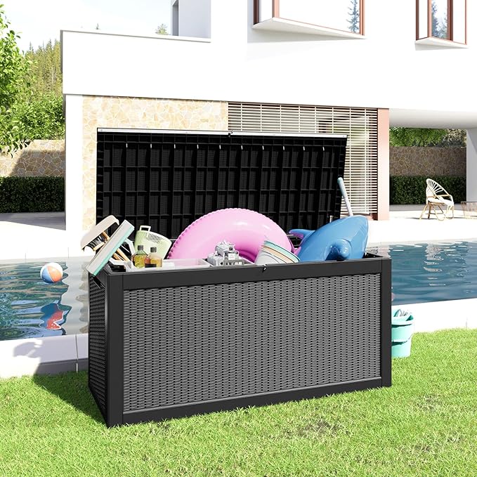 260 Gallon Resin Deck Box, Lockable Patio Outdoor Storage Box for Furniture, Garden Tools and Tools Storage, Waterproof Outside Storage Boxes - Black-VerdiqueGarden