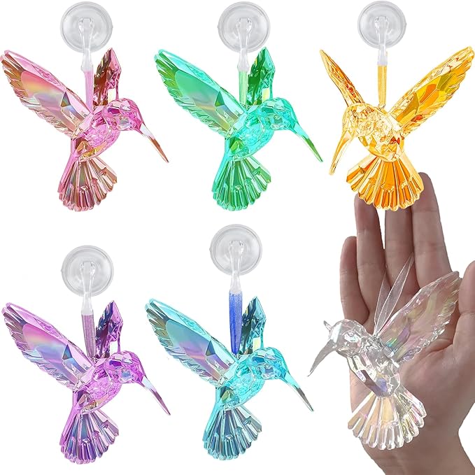 6 Pcs in 6 Colors Set Shiny Iridescent Hummingbird Hanging Ornaments with Suction Cup, Clear Acrylic Crystal Art Hummingbird Figurines Pendants Decorations for Christmas Xmas Tree.-VerdiqueGarden