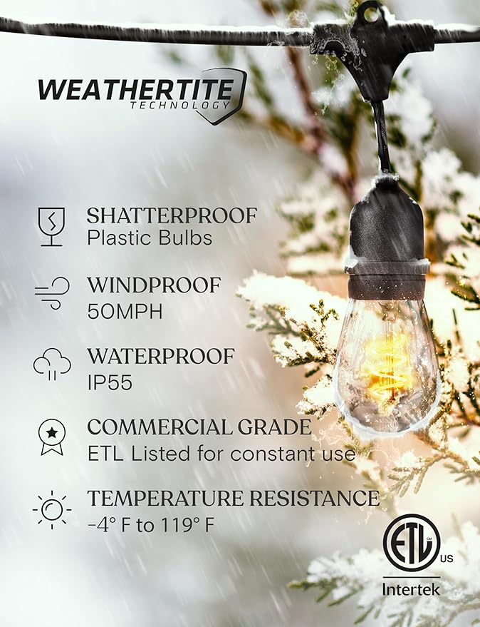 Brightech Ambience Pro - Waterproof LED Outdoor String Lights - 15 Bulbs, Dimmable 2W Vintage Spiral Edison Bulbs - 48 Ft Commercial Grade Patio Lights Cafe Ambience in Your Backyard-VerdiqueGarden