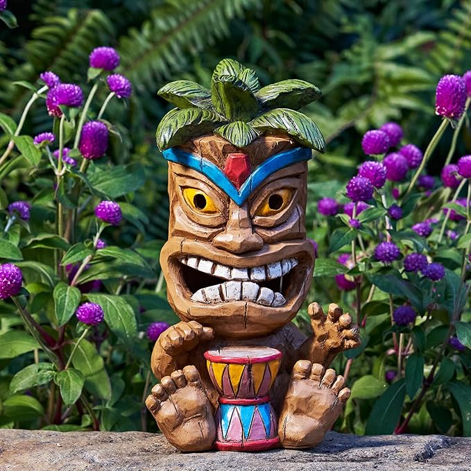 Outdoor Tiki Statue Decoration-Solar Power Light Tiki Garden Statues-Tiki Bar Decor Totem Pole Waterproof Figurines for Garden,Patio,Balcony,Yard,Lawn Ornament,10.43 Inch Tall-VerdiqueGarden