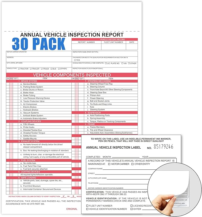 30-Pack Annual Vehicle Inspection Report Form & Adhesive Vinyl Label 2-Ply,3-Ply Carbonless Form DOT Compliant-VerdiqueGarden