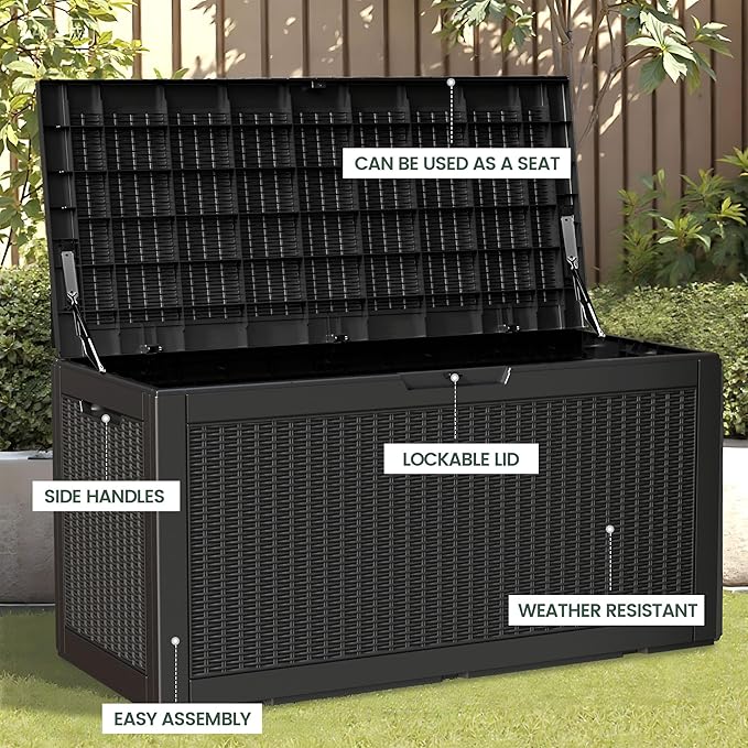 100 Gallon Storage Box, Waterproof Resin Deck Box with Hydraulic Piston Design, Lockable Storage Bench for Package Delivery, Storage Bin for Patio Cushions, Garden Tools, Black-VerdiqueGarden