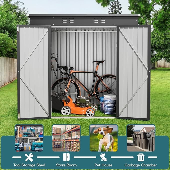 Gizoon 6' x 4' Outdoor Storage Shed with Double Lockable Doors, Anti-Corrosion Metal Garden Shed, Waterproof Shed Outdoor Storage Clearance for Backyard Patio Lawn-Dark Gray-VerdiqueGarden