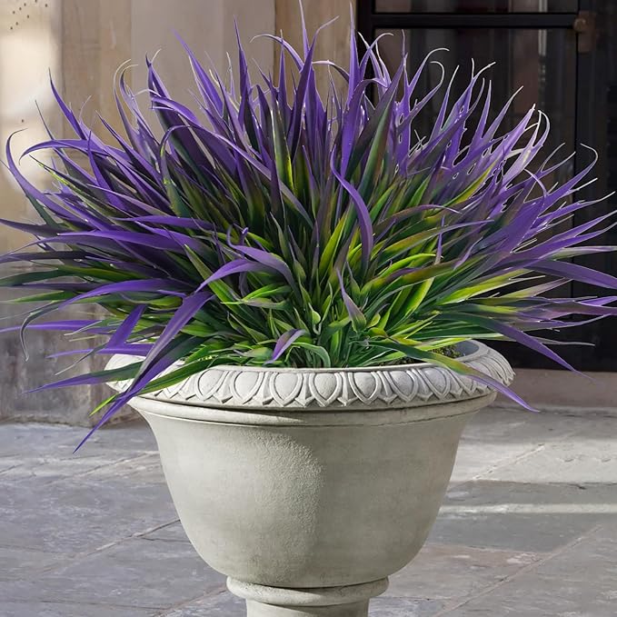 Uieke 28 Bundles Artificial Outdoor Plants UV Resistant Fake Grass Plants Faux Plastic Plants Greenery Shrubs for Home Garden Pathway Window Box Front Porch Cemetery Spring Summer Decor, Purple-VerdiqueGarden