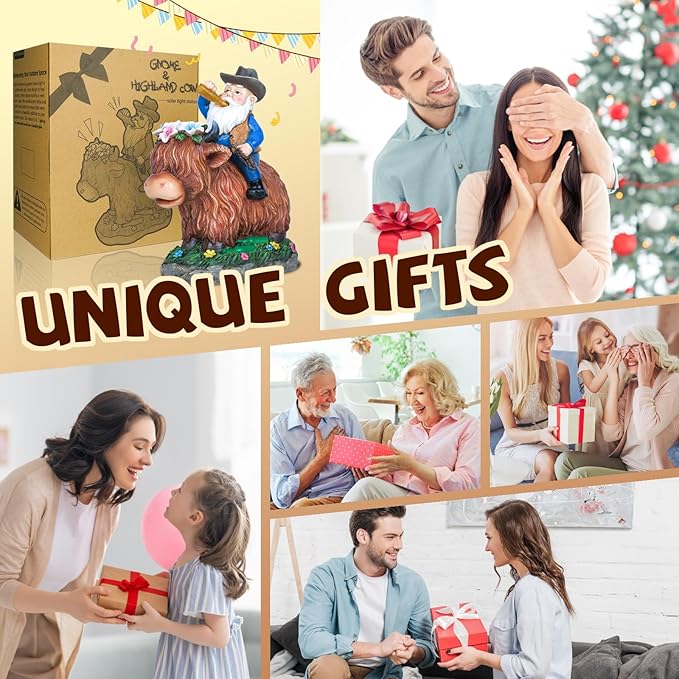 Gnome Gifts for Women, Solor Statue for Garden, Gnome and Highland Cow Figurine with Lights, Outdoor Decorations for Yard Lawn Patio, Gifts for Mom Grandma Mother in Law Gardener Mother'Day-VerdiqueGarden