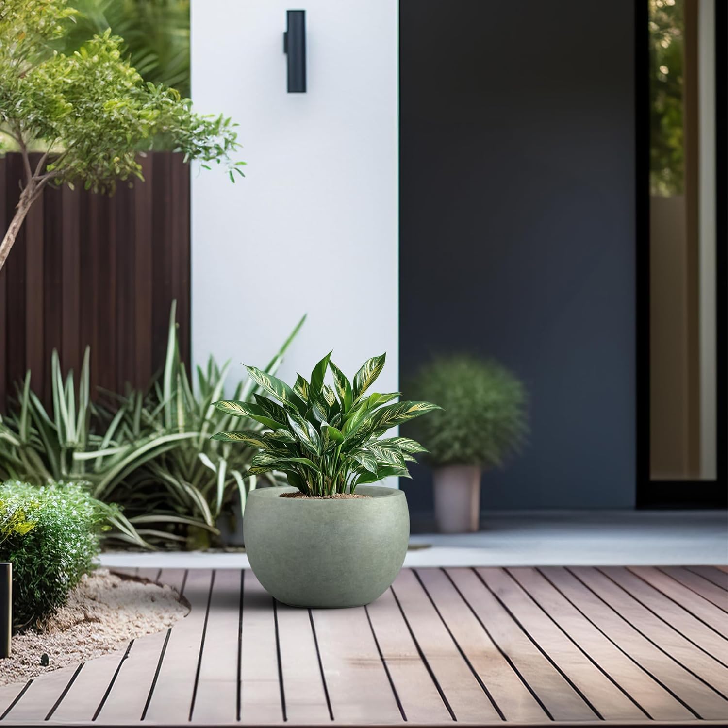 Kante 19.9" Dia Round Concrete Planter, Outdoor/Indoor Large Bowl Plant Pots with Drainage Hole and Rubber Plug for Garden Patio Balcony Home, Mint Green-VerdiqueGarden