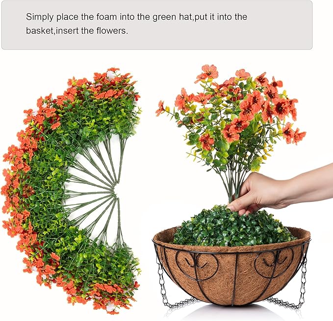 Artificial Fake Fall Hanging Plants Flowers Basket for Outdoor Decor, Faux Silk Orange Mums Daisy in Planter Look Real UV Resistant for Autumn Porch Home Patio Garden Yard Decoration-VerdiqueGarden