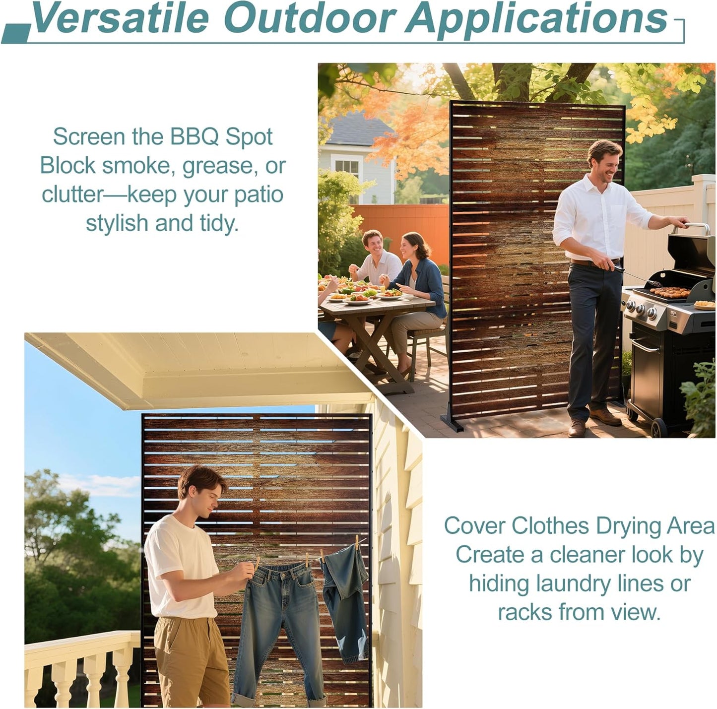 Metal Privacy Screen Outdoor Freestanding Privacy Wall Panels and Decorative Patio Dividers,Crafted from Steel with Sun-Proof Design,Ideal for Patio,Garden,72" H×47" L（Wooden&Vintage-3 Panels-VerdiqueGarden