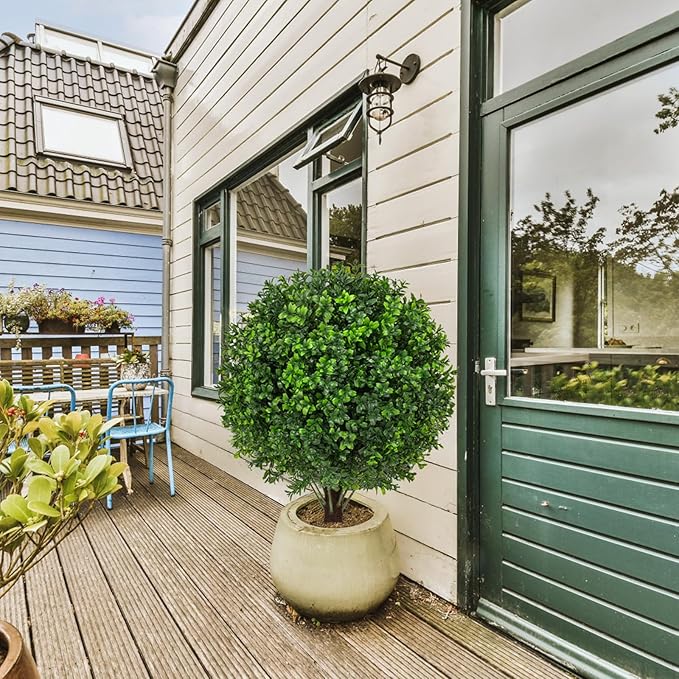 22" Artificial Boxwood Topiary Ball Trees with Ground Spike Set of 2 - UV Resistant Faux Green Shrubs & Bushes Potted Plants for Outdoor Indoor Front Porch Garden-VerdiqueGarden