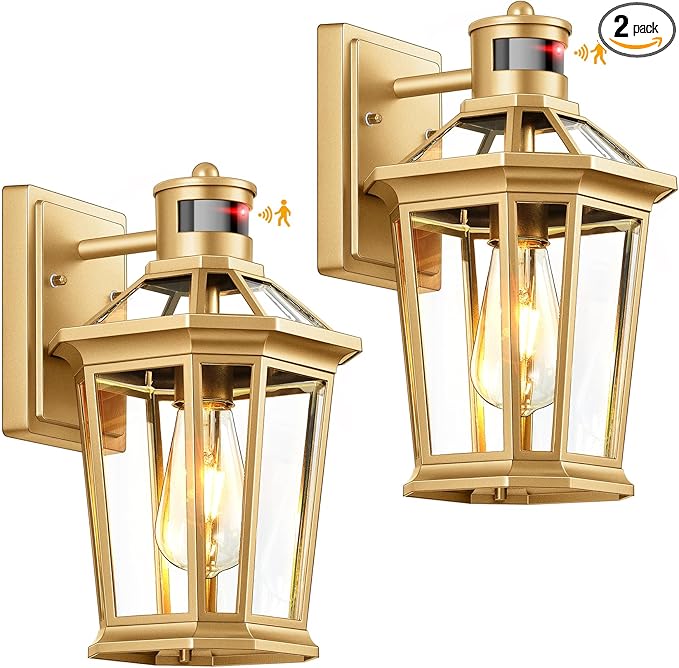 VIANIS Outdoor Wall Lights Lantern, 2 Pack Gold Motion Sensor Proch Light, Dusk to Dawn Weather Resistant Exterior Lights for House Sconce, Waterproof Garage Lights with Clear Glass Shade-VerdiqueGarden