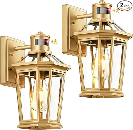 VIANIS Outdoor Wall Lights Lantern, 2 Pack Gold Motion Sensor Proch Light, Dusk to Dawn Weather Resistant Exterior Lights for House Sconce, Waterproof Garage Lights with Clear Glass Shade-VerdiqueGarden