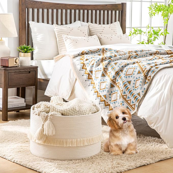 KAKAMAY Large Blanket Basket (20"x13"),Woven Baskets for storage Baby Laundry Hamper, Cotton Rope Blanket Basket for Living Room, Laundry, Nursery, Pillows, Baby Toy chest (White)-VerdiqueGarden