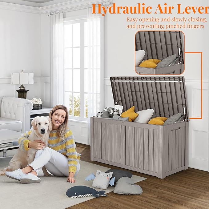 150 Gallon Resin Deck Box, Lockable Patio Outdoor Storage Box for Furniture, Garden Tools and Tools Storage, Waterproof Outside Storage Boxes - Grey-VerdiqueGarden