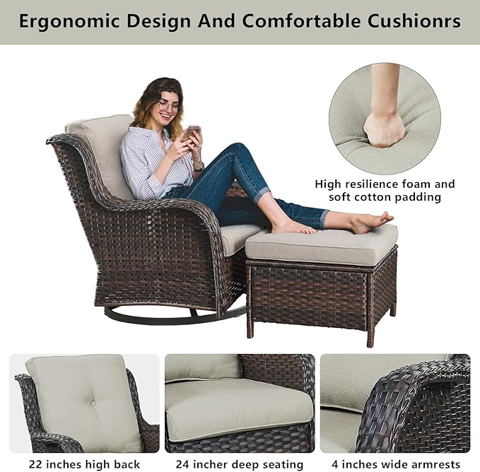 Wicker Outdoor Furniture Patio Furniture Set - 6 Piece Patio Conversation Set with Swivel Rocker Chairs, Rattan Sofa, Ottomans and Coffee Table, Beige Cushion-VerdiqueGarden