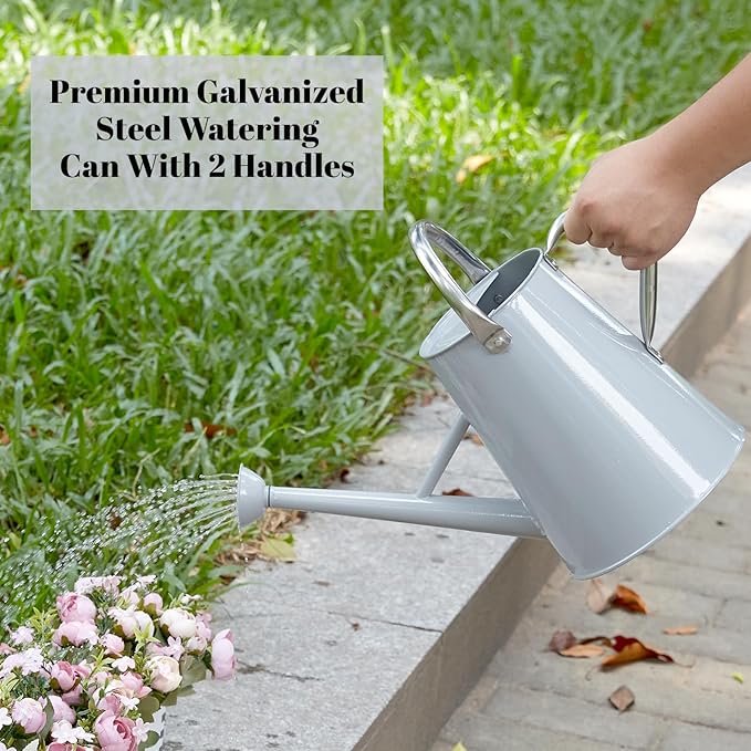 1.5 Gallon Watering Can for Outdoor Plants,Large Metal Plant Watering Pot with Removable Spout,Flower Garden Water Can Watering Pot,Galvanized Steel Watering Can with Stainless Steel Handles，Grey-VerdiqueGarden